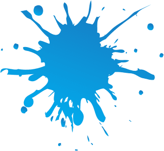 A bright blue Splatball paint splatter with irregular edges and splashes radiating outward, set against a transparent background.