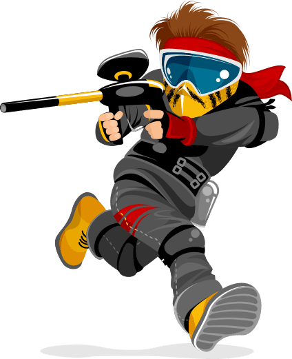 Illustration of a person in black and gray protective gear, red scarf, and yellow boots, wearing goggles and a face mask, aiming a yellow and black Splatball gun in an action pose.