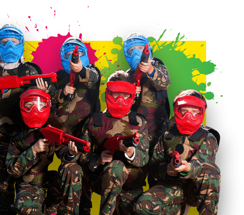 A group of people in camouflage outfits and red or blue protective masks points Splatball paintball guns, standing in front of a colorful paint splatter background.