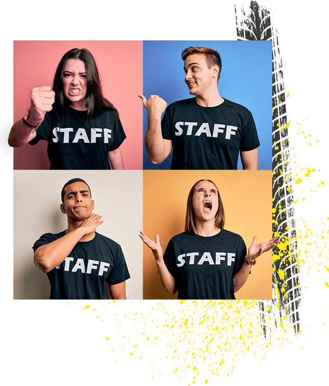 Four people wearing black STAFF shirts stand against colorful backgrounds, each making different expressive gestures: a fist, pointing, a hand on neck, and arms raised while shouting. Yellow paint splatter decorates the image.