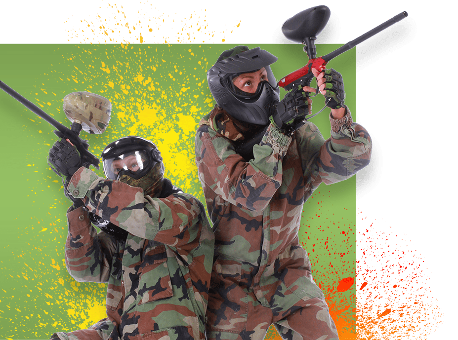 Two people in camouflage gear and helmets aim paintball guns, standing back-to-back amid colorful yellow and orange paint splatters, ready for a thrilling paintball showdown.