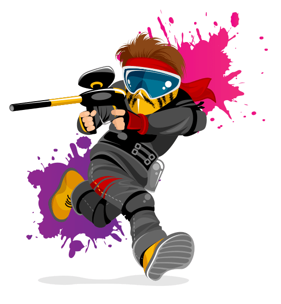 A cartoon character in black and gray paintball gear, visor goggles, and a red bandana is running and aiming a paintball gun—perfect for schools or parties—with pink and purple paint splatters in the background.