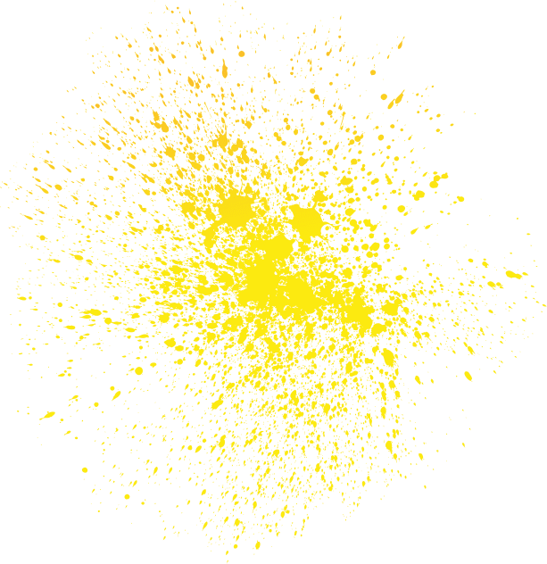 Bright yellow paint splatter with irregular edges and dispersed droplets, resembling a paintball burst pattern, creates an energetic effect on a transparent background.