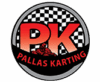 Logo for Pallas Karting featuring the large letters PK in red, a checkered racing flag background, a go-kart driver illustration, and the text PALLAS KARTING in red within a circular border.