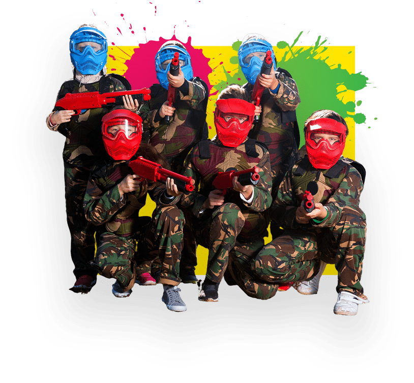 Six children wearing camouflage outfits and colorful helmets, holding toy paintball guns, pose together in front of a splattered Splatball background featuring bright yellow, pink, and green paint.