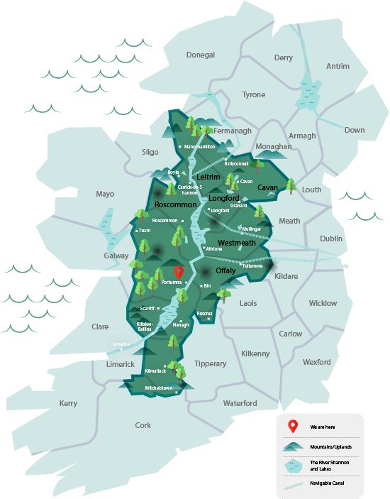 Map of Ireland highlighting the River Shannon and its lakes, surrounding counties, towns, and points of interest within Irelands Hidden Heartlands. A location marker shows You are here. Mountains and water features are illustrated.