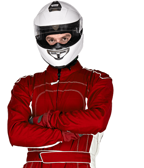 A person wearing a white racing helmet and red racing suit stands with arms crossed, facing forward—perfect for showcasing your NEW Homepage design.